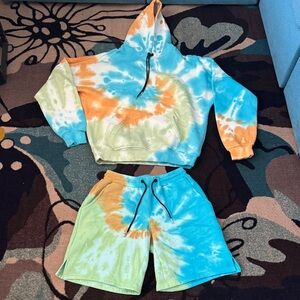 Fashion Nova Tie-Dye Lounge Hoodie & Shorts Matching Set